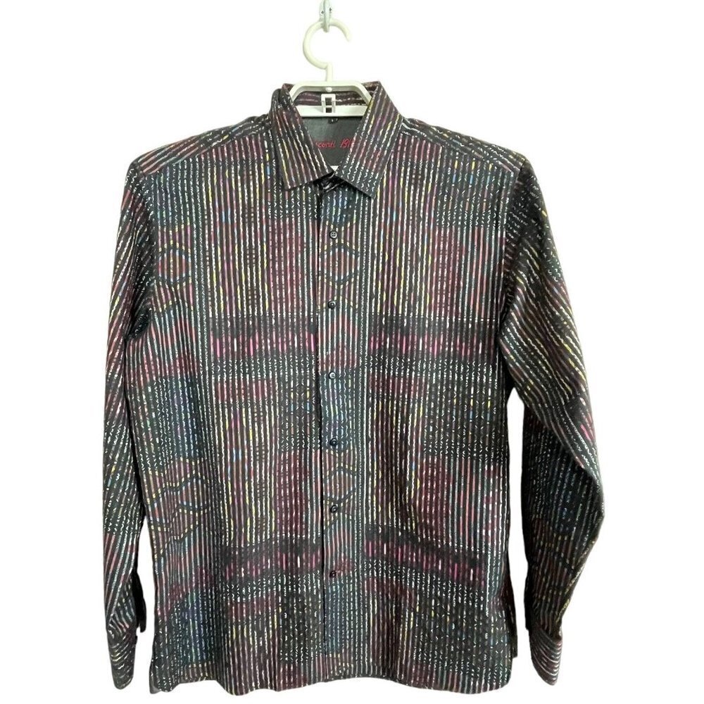 Visconti‎ Tribal Stripe Shirt L Mixed Pattern Black Bold Statement Artsy Bold